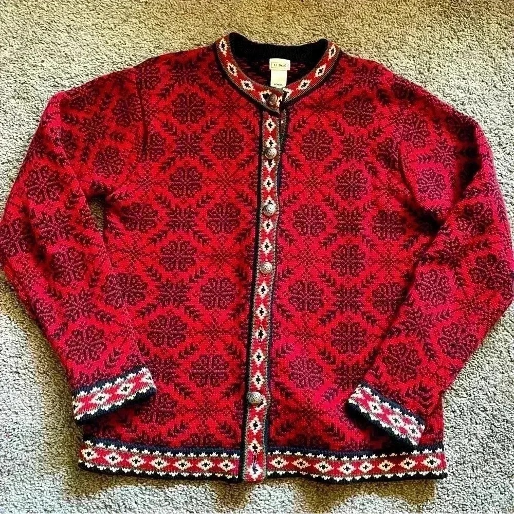 Vtg LL Bean womens heavy knit‎ cotton sweater M Reg Aztec clover snow Red 0 WNB1
